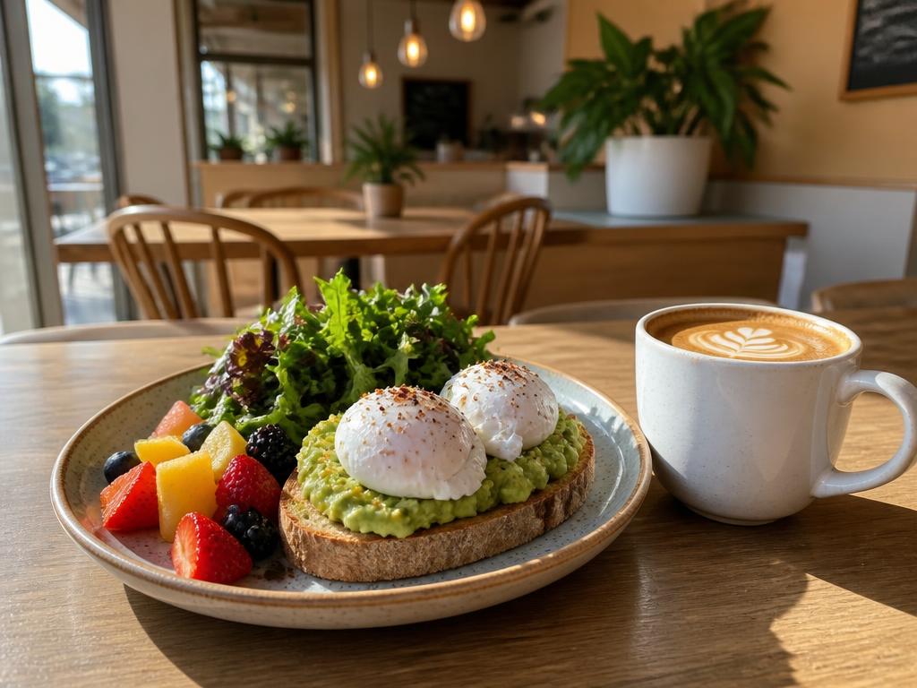 Avocado toast with poached eggs, fresh fruit, and a latte on a sunny patio near the beach
