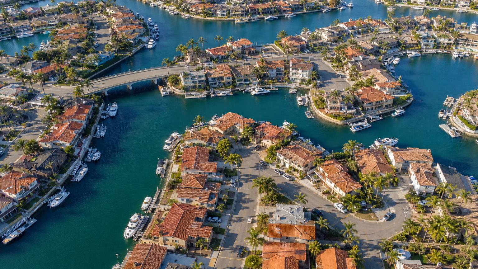 Aerial view of Huntington Harbour island neighborhoods with canals, docks and boats