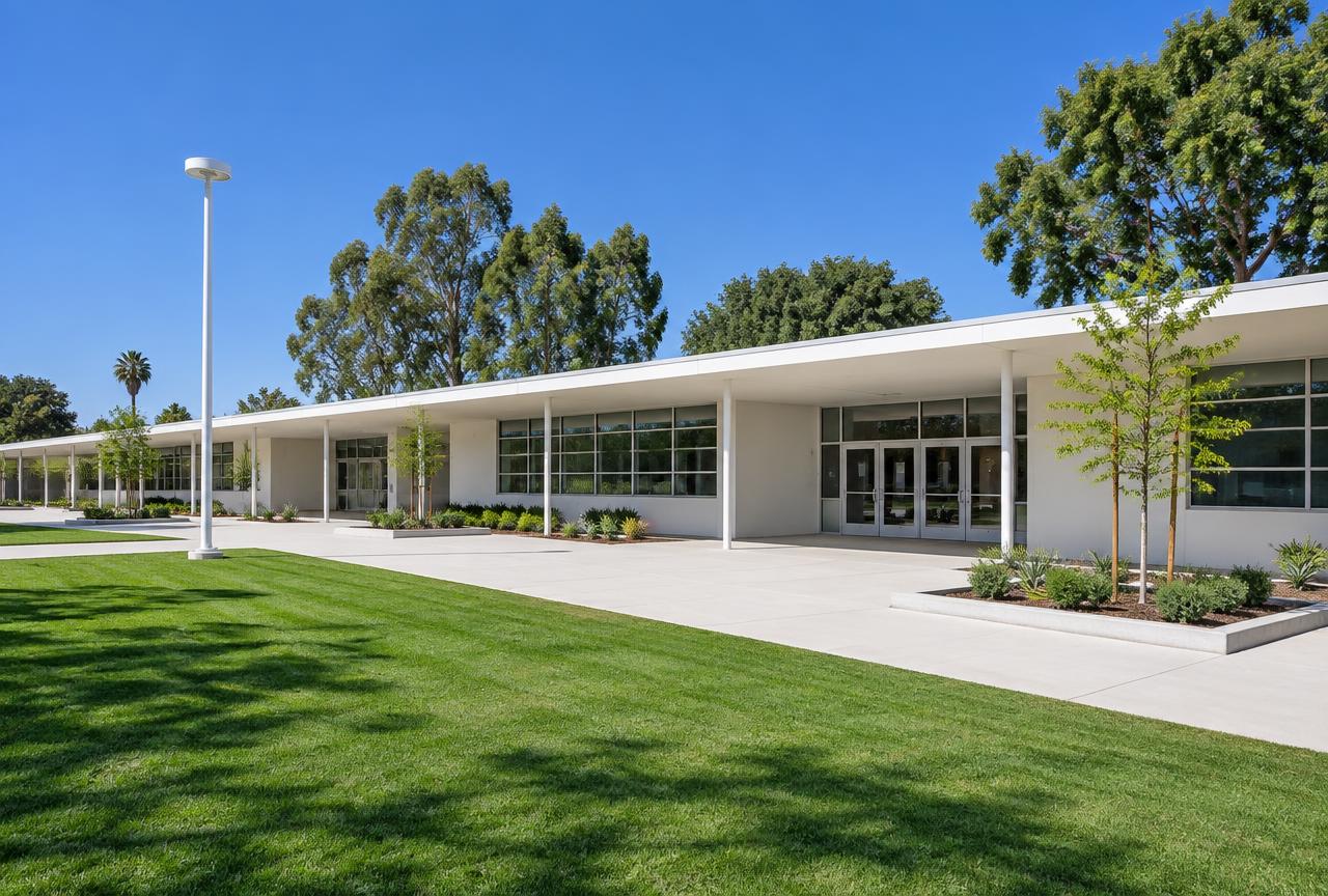 Single-story mid-century high school building with a covered outdoor walkway, green lawn and blue sky
