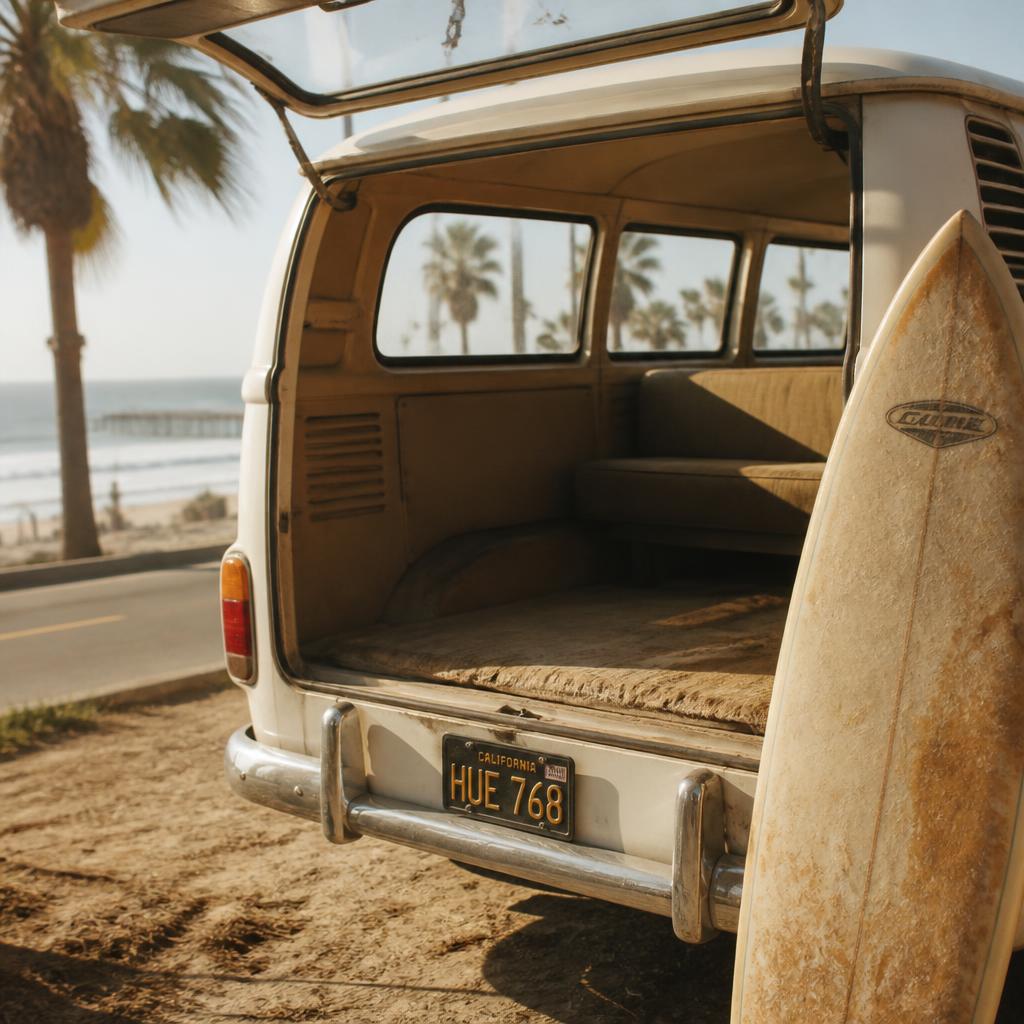 Golden sand in the back of a vintage VW bus with a surfboard, parked near Huntington Beach